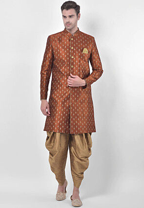 Printed Dupion Silk Dhoti Sherwani in Dark Rust