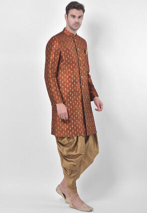 Printed Dupion Silk Dhoti Sherwani in Dark Rust
