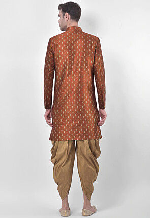 Printed Dupion Silk Dhoti Sherwani in Dark Rust