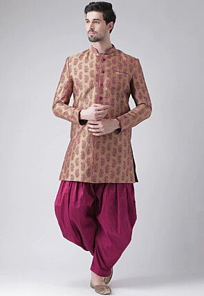Printed Dupion Silk Dhoti Sherwani in Golden