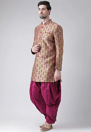 Printed Dupion Silk Dhoti Sherwani in Golden