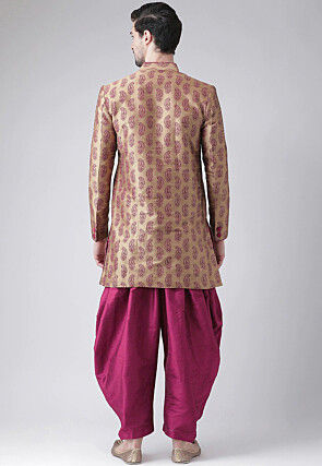 Printed Dupion Silk Dhoti Sherwani in Golden