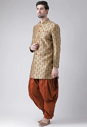 Printed Dupion Silk Dhoti Sherwani in Golden