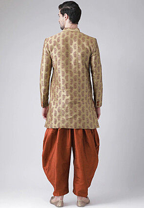 Printed Dupion Silk Dhoti Sherwani in Golden