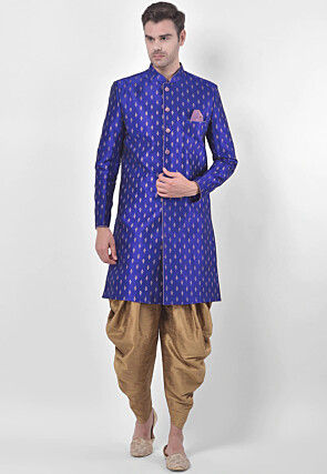 Printed Dupion Silk Dhoti Sherwani in Royal Blue