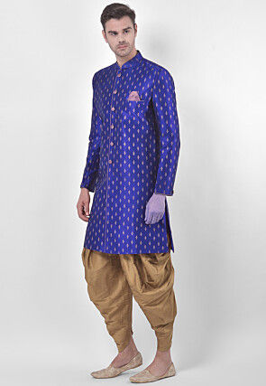 Printed Dupion Silk Dhoti Sherwani in Royal Blue