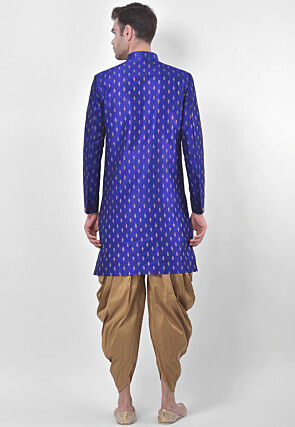 Printed Dupion Silk Dhoti Sherwani in Royal Blue