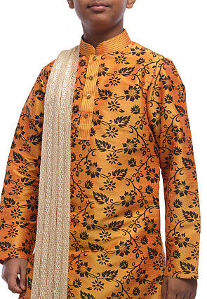 Printed Dupion Silk Kurta Dhoti Set in Mustard