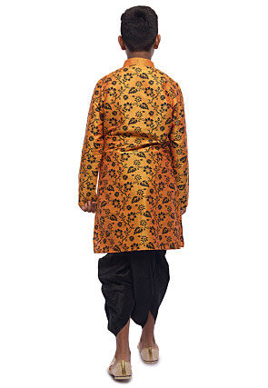 Printed Dupion Silk Kurta Dhoti Set in Mustard