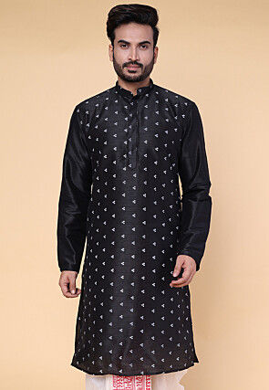 Printed Dupion Silk Kurta in Black