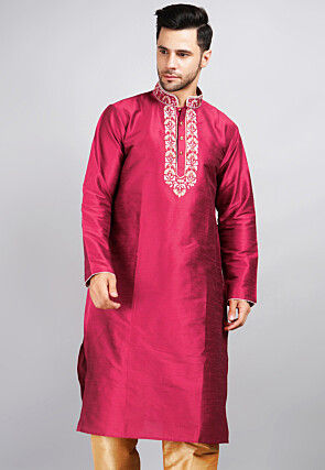 Printed Dupion Silk Kurta in Fuchsia