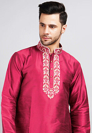 Printed Dupion Silk Kurta in Fuchsia