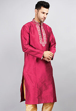 Printed Dupion Silk Kurta in Fuchsia