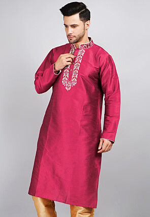 Printed Dupion Silk Kurta in Fuchsia