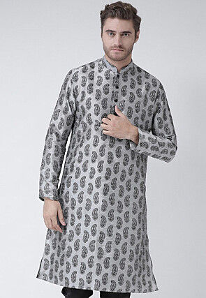 Printed Dupion Silk Kurta in Grey