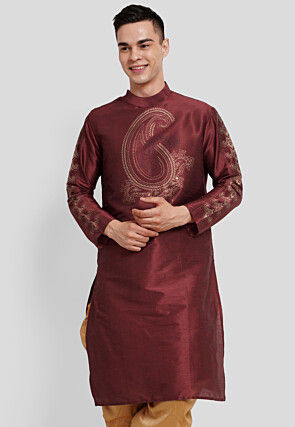 Printed Dupion Silk Kurta in Maroon