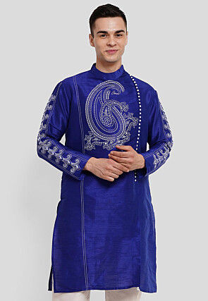 Printed Dupion Silk Kurta in Royal Blue