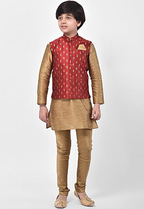 Printed Dupion Silk Kurta Jacket Set in Golden and Maroon