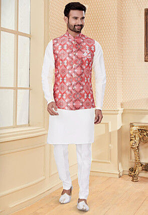 Printed Dupion Silk Kurta Jacket Set in Off White and Peach