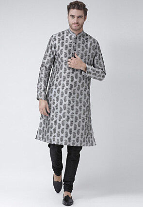 Printed Dupion Silk Kurta Set in Grey