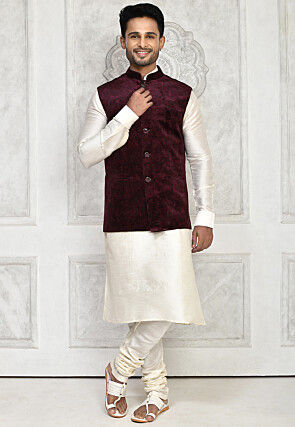 Printed Dupion Silk Kurta Set in Off White and Maroon