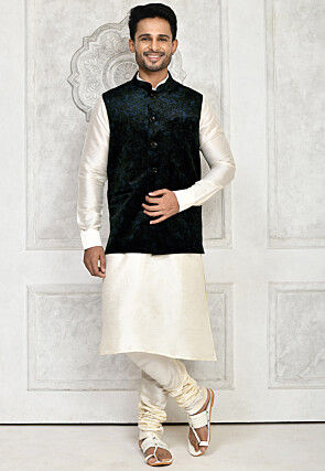 Printed Dupion Silk Kurta Set in Off White and Navy Blue