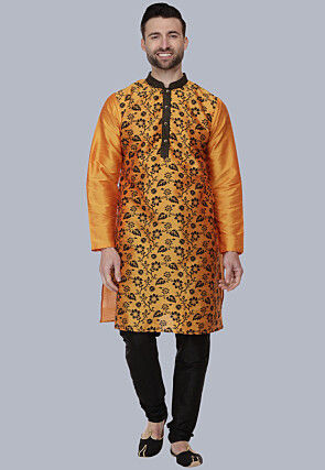 Printed Dupion Silk Kurta Set in Orange