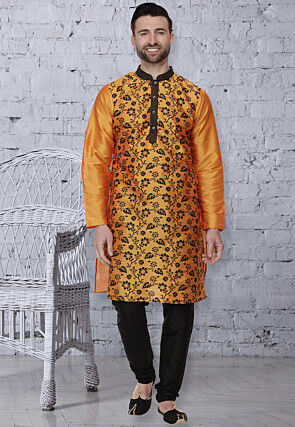 Printed Dupion Silk Kurta Set in Orange