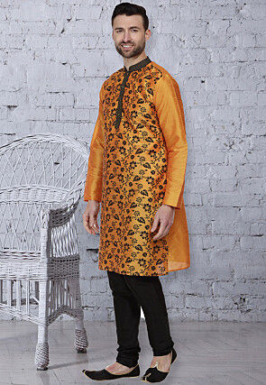 Printed Dupion Silk Kurta Set in Orange