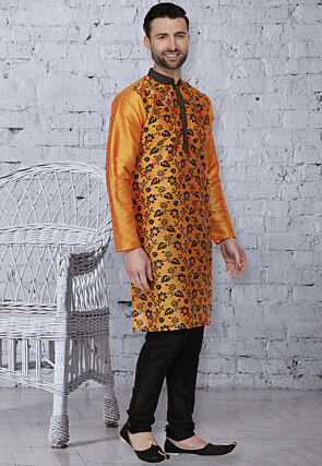 Printed Dupion Silk Kurta Set in Orange
