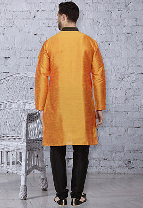 Printed Dupion Silk Kurta Set in Orange