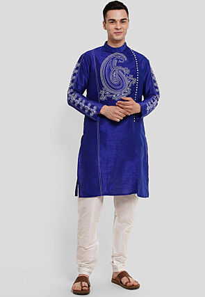 Printed Dupion Silk Kurta Set in Royal Blue