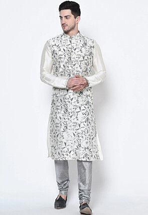 Printed Dupion Silk Kurta Set in White