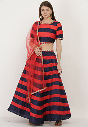 Printed Dupion Silk Lehenga in Navy Blue and Red