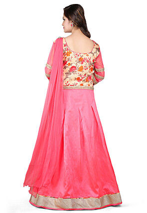 Plain Dupion Silk Lehenga in Pink