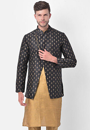 Printed Dupion Silk Nehru Jacket in Black