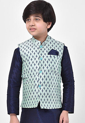 Printed Dupion Silk Nehru Jacket in Light Blue