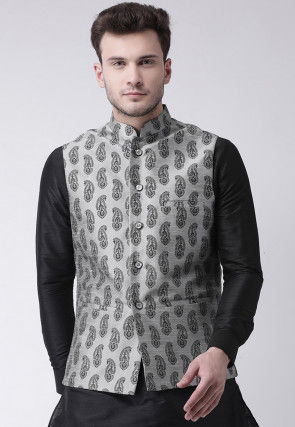 Printed Dupion Silk Nehru Jacket in Light Grey
