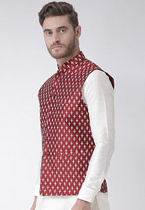 Printed Dupion Silk Nehru Jacket in Maroon