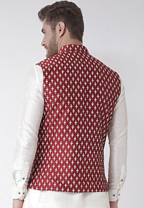 Printed Dupion Silk Nehru Jacket in Maroon