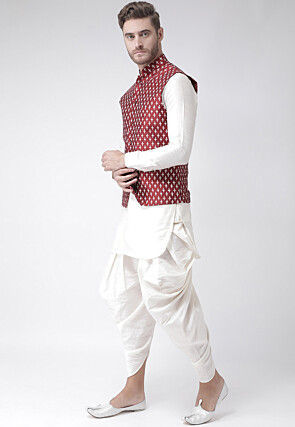 Printed Dupion Silk Nehru Jacket in Maroon