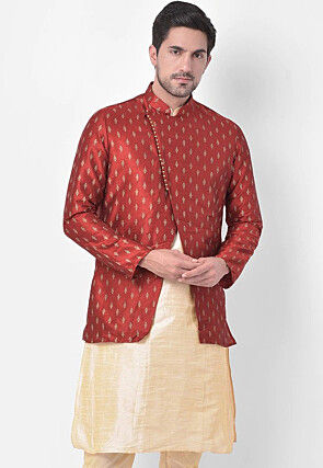 Printed Dupion Silk Nehru Jacket in Maroon