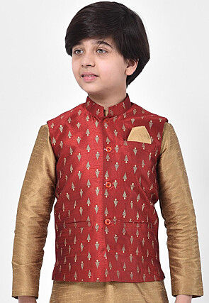 Printed Dupion Silk Nehru Jacket in Maroon
