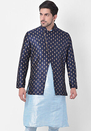 Printed Dupion Silk Nehru Jacket in Navy Blue
