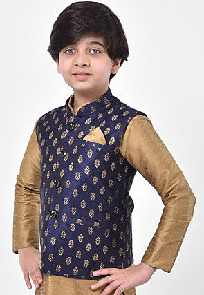Printed Dupion Silk Nehru Jacket in Navy Blue
