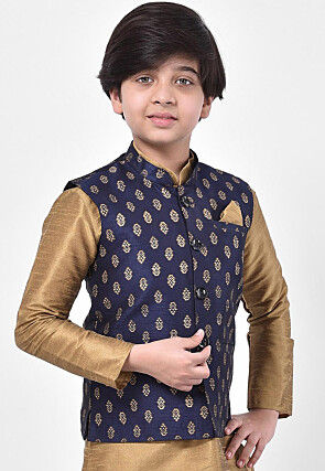 Printed Dupion Silk Nehru Jacket in Navy Blue