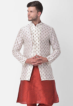 Printed Dupion Silk Nehru Jacket in Off White