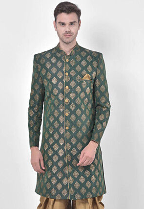Printed Dupion Silk Sherwani in Dark Green