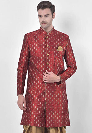 Printed Dupion Silk Sherwani in Maroon