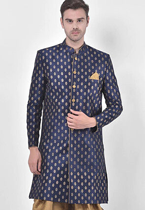 Printed Dupion Silk Sherwani in Navy Blue